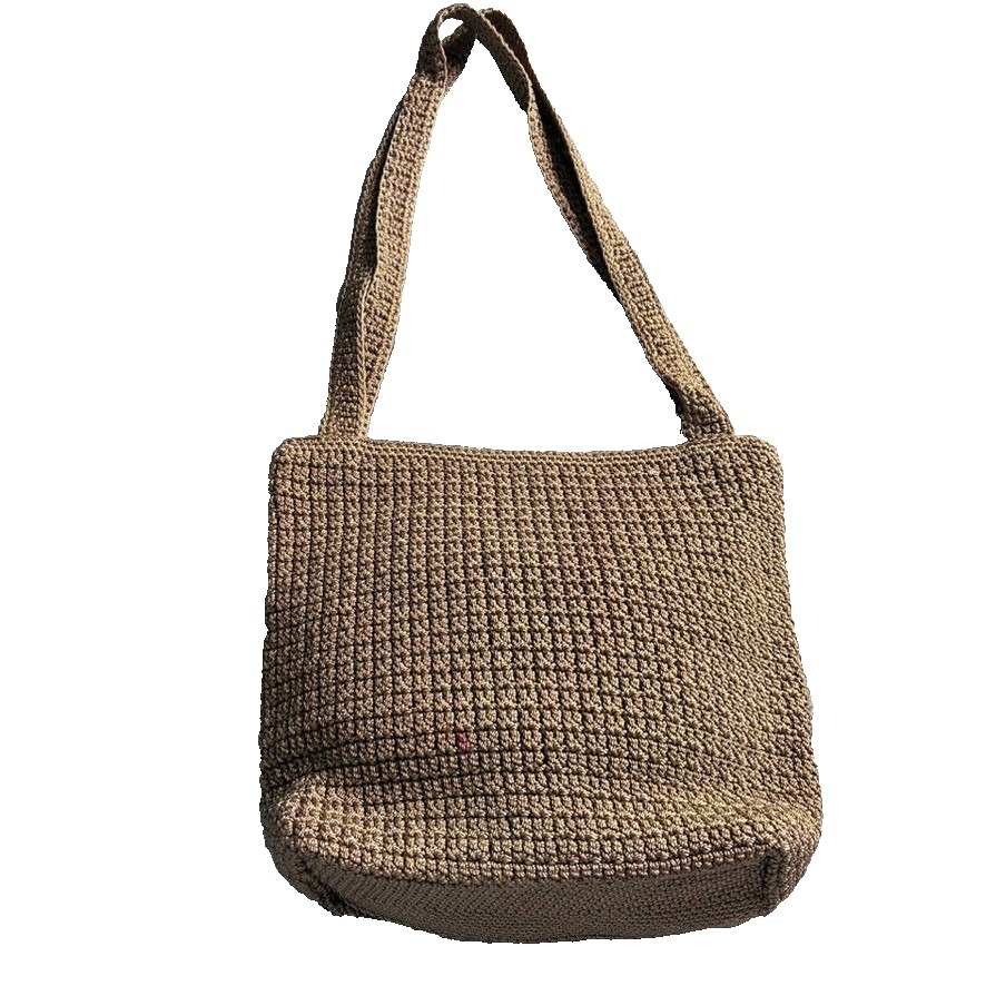 Vtg Talbots Crochet Knit Shoulder Bag Purse Double Strap Hand Made Lt Brown Zip